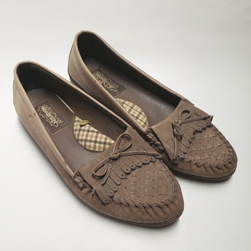 Vintage 80s tan brown leather flats / loafers / oxfords, size 8 women's fringe